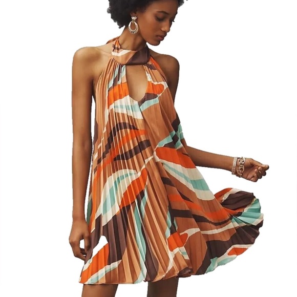 Anthropologie Hutch Halter Pleated Swing Mini Dress Brown Pattern Size Large NWT - Picture 1 of 13